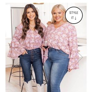 Pink floral bell sleeve bodysuit (NWOT)